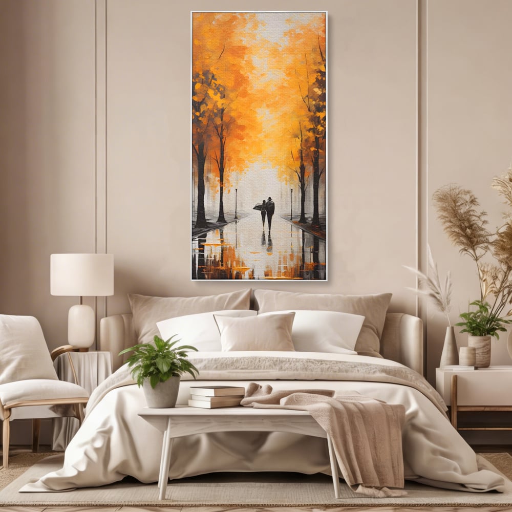 Tablou canvas cu tablou canvas cuplu sub umbrela, in rama de aluminiu argintiu, pe perete intr-un dormitor